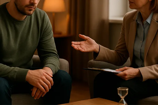 Мужчина общается с психотерпевтом